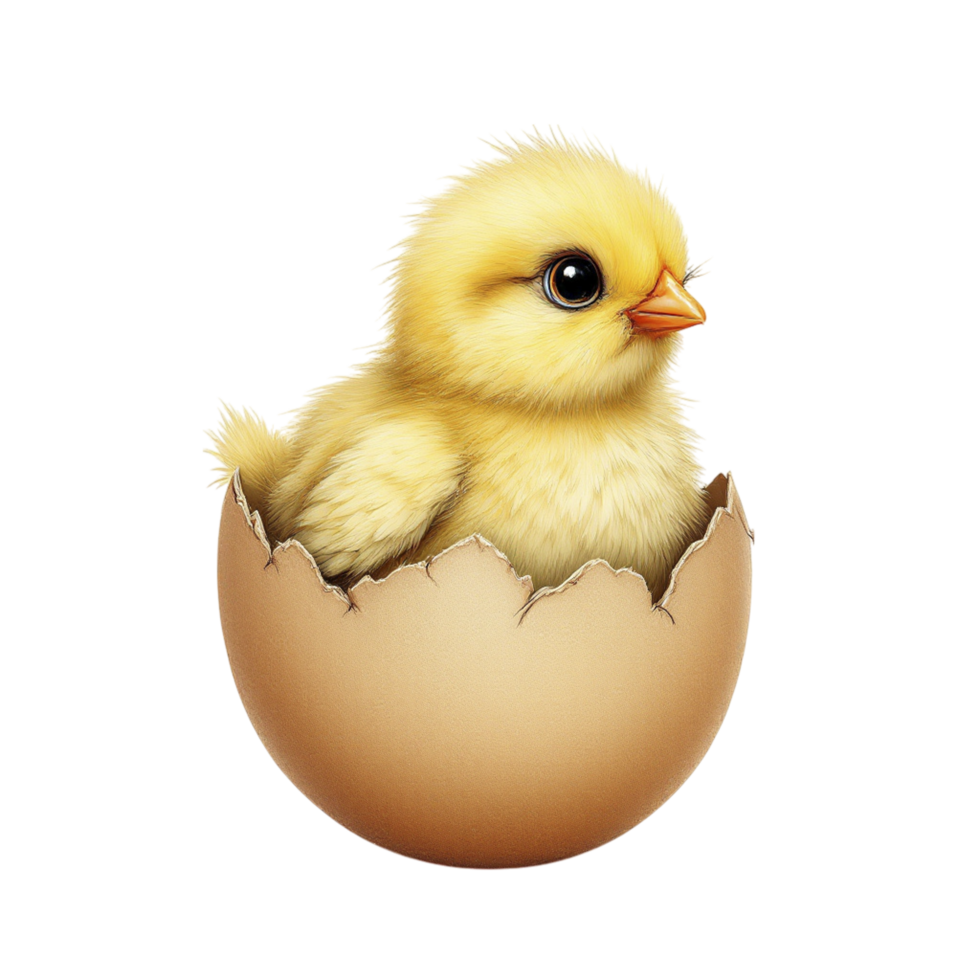A small yellow chick is in an egg shell png