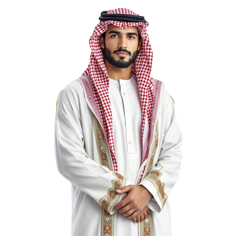 A man in arabic clothing standing with his hands folded png