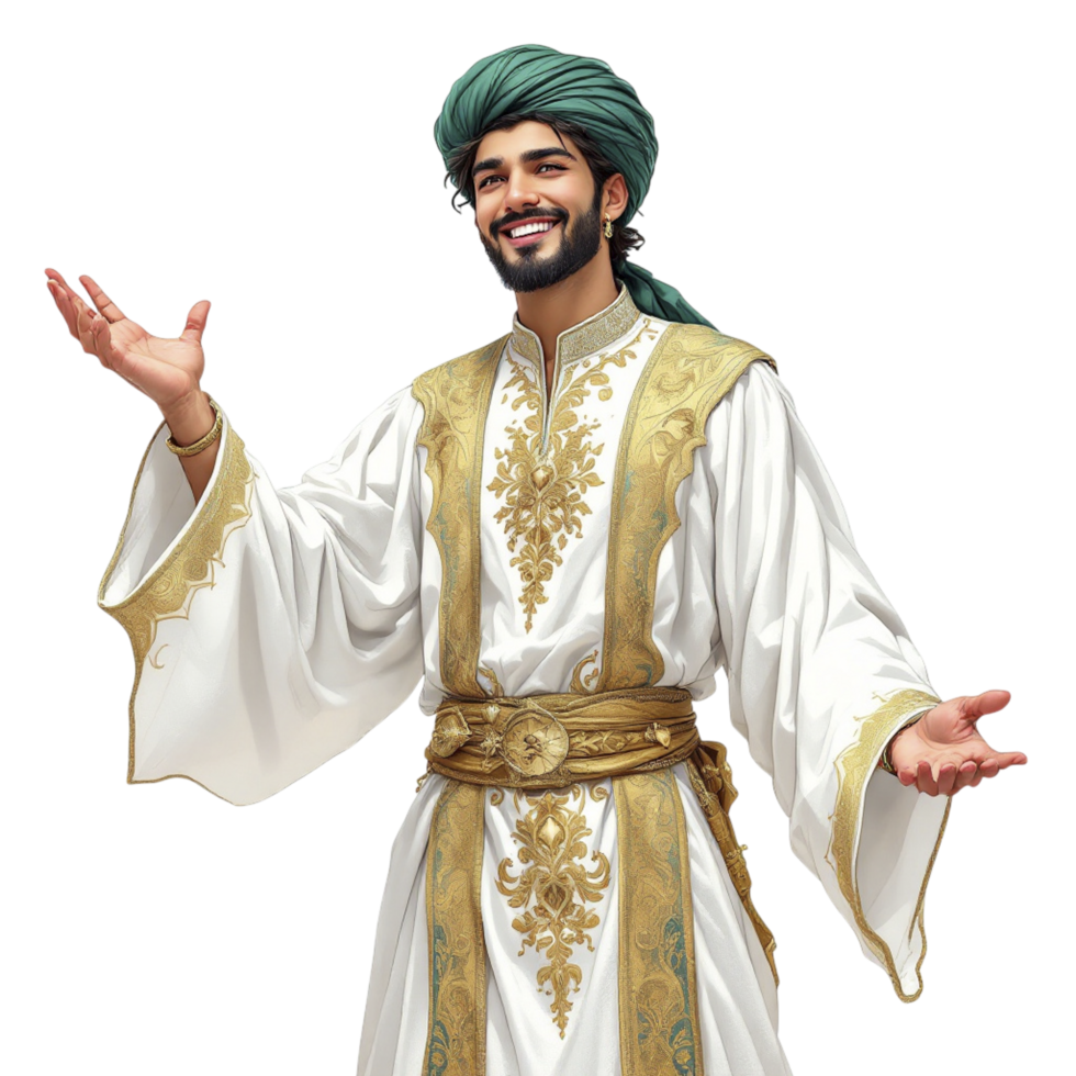 A man in an arabic outfit is standing with his arms out png