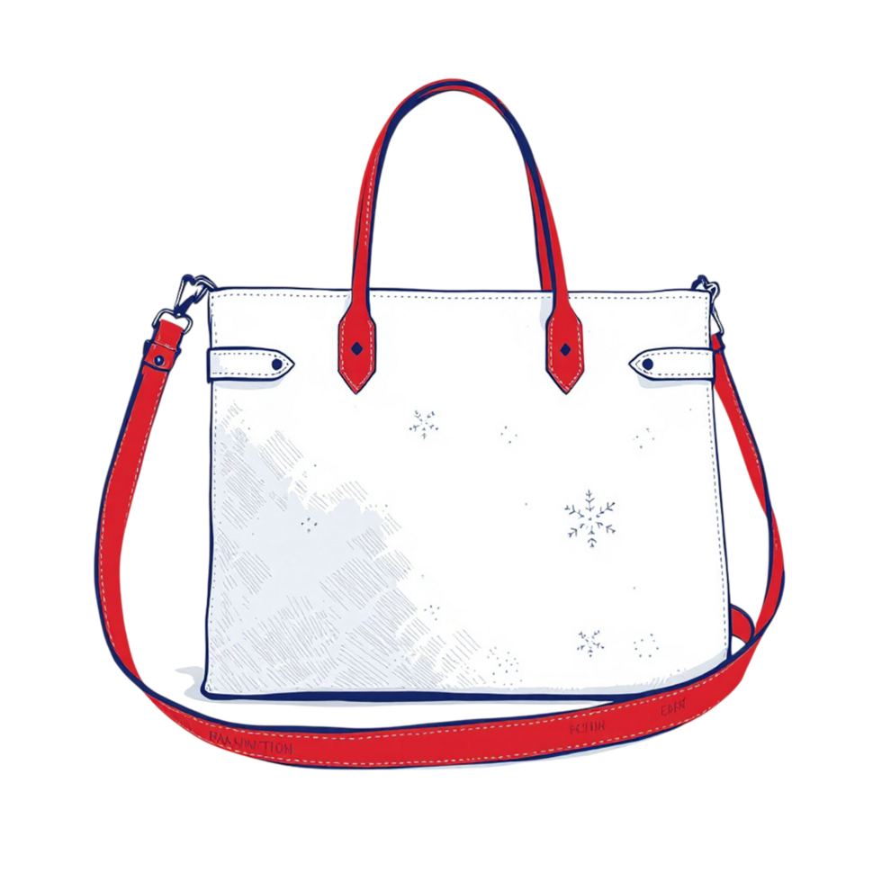 A white handbag with red trim and a red strap png