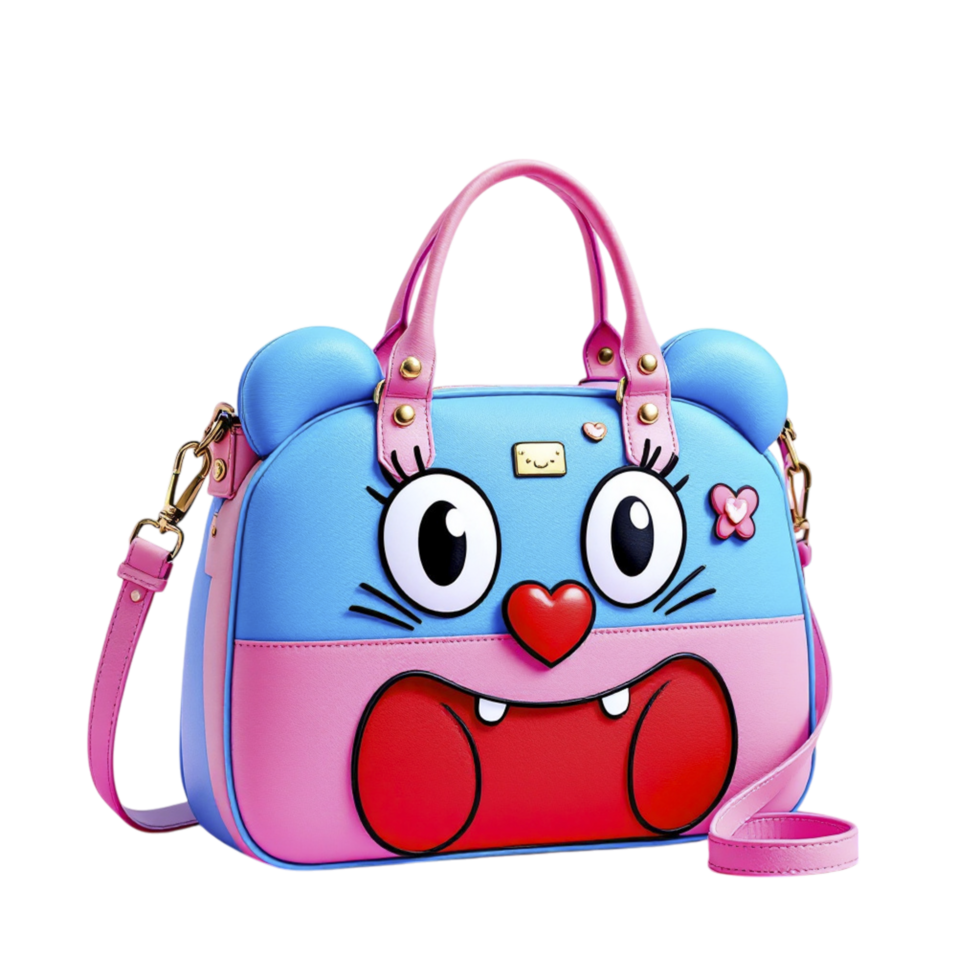 A blue and pink handbag with a monster face png