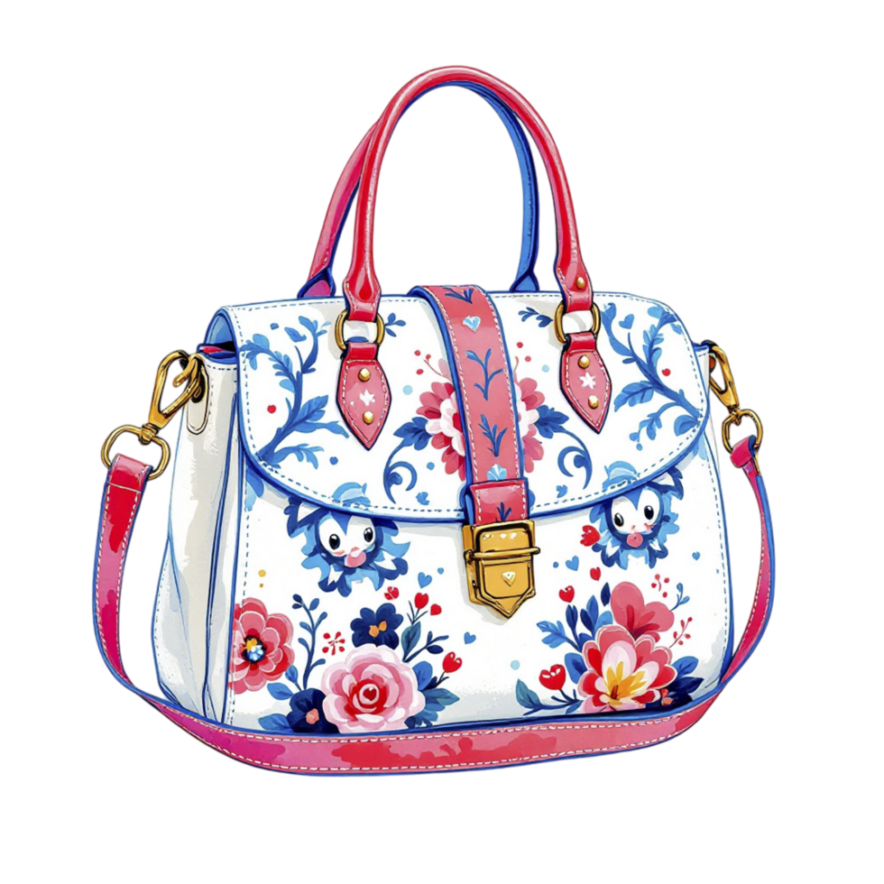 A handbag with flowers and a pink strap png