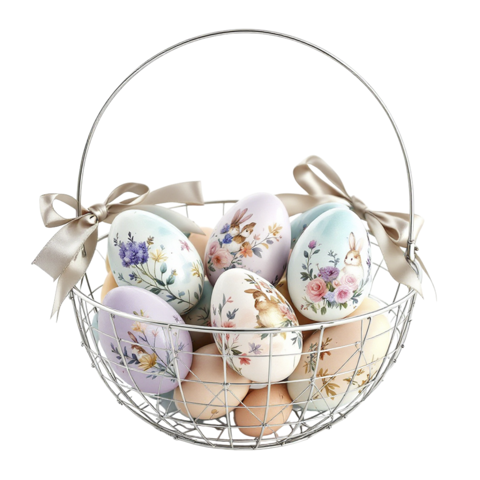A basket filled with easter eggs on a black background png