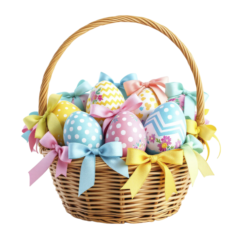 Easter eggs in a basket with bows on a black background png