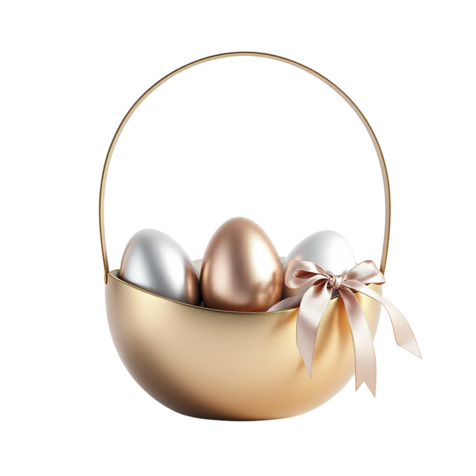 Golden eggs in a basket with a bow on a black background png