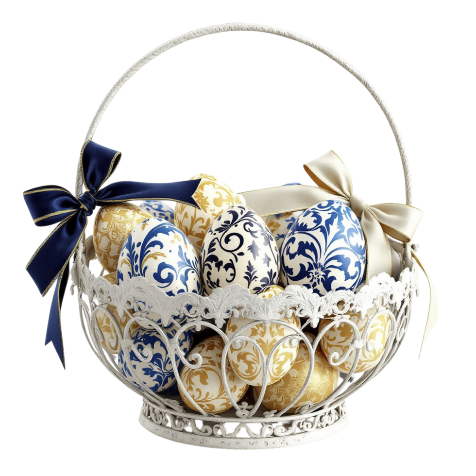 Easter eggs in a basket with blue and white decorations png