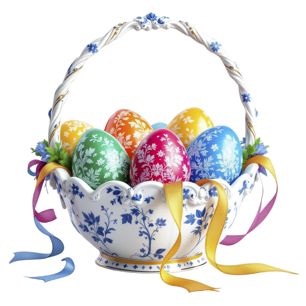 Easter basket with colorful eggs png
