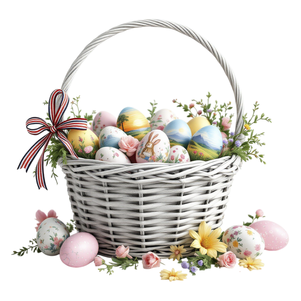 Easter basket with painted eggs and flowers png