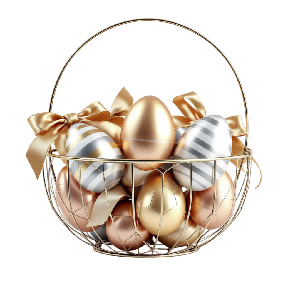 Golden easter eggs in a basket with ribbon png