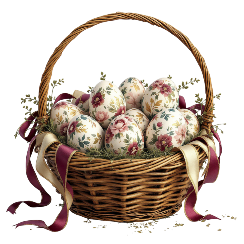 Easter eggs in a basket with ribbon and flowers png