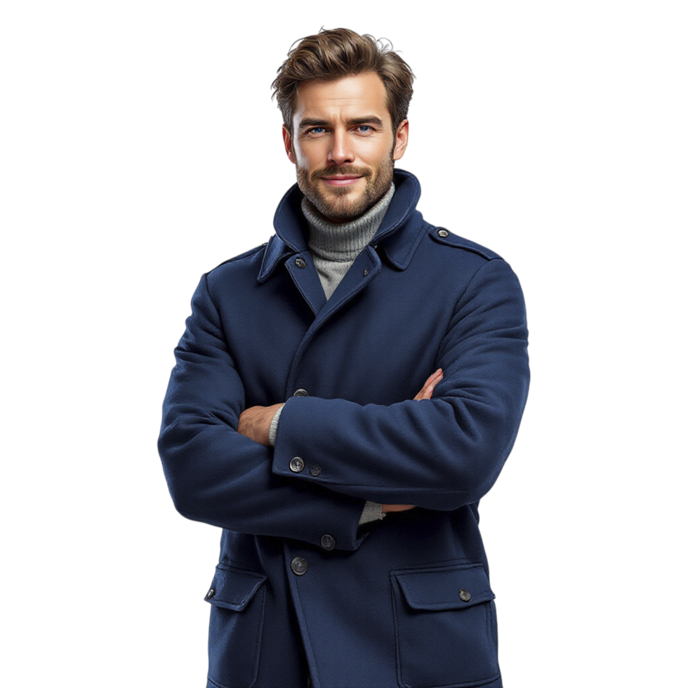 A man in a blue coat posing for the camera png