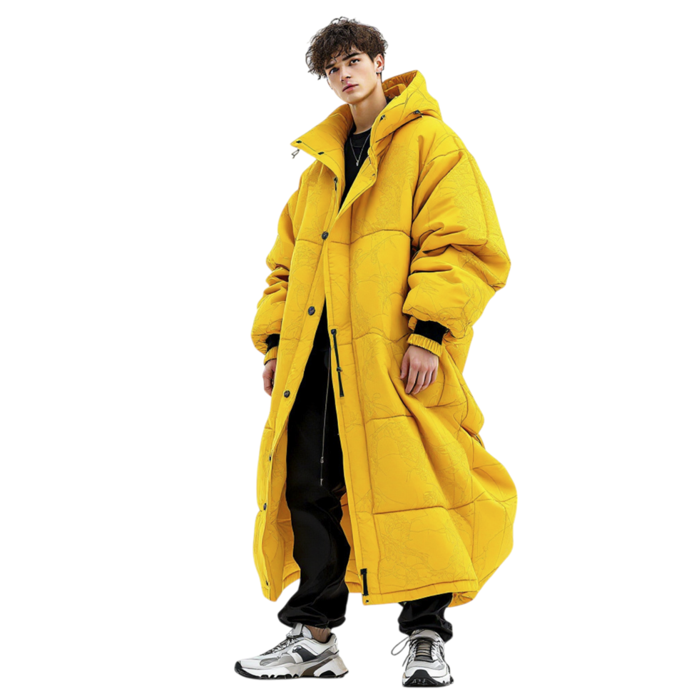 A man in a yellow coat standing in front of a black background png