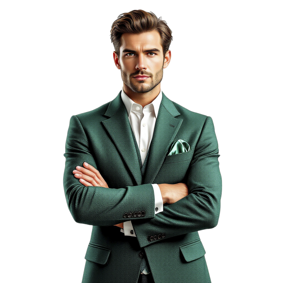 A man in a green suit with his arms crossed png