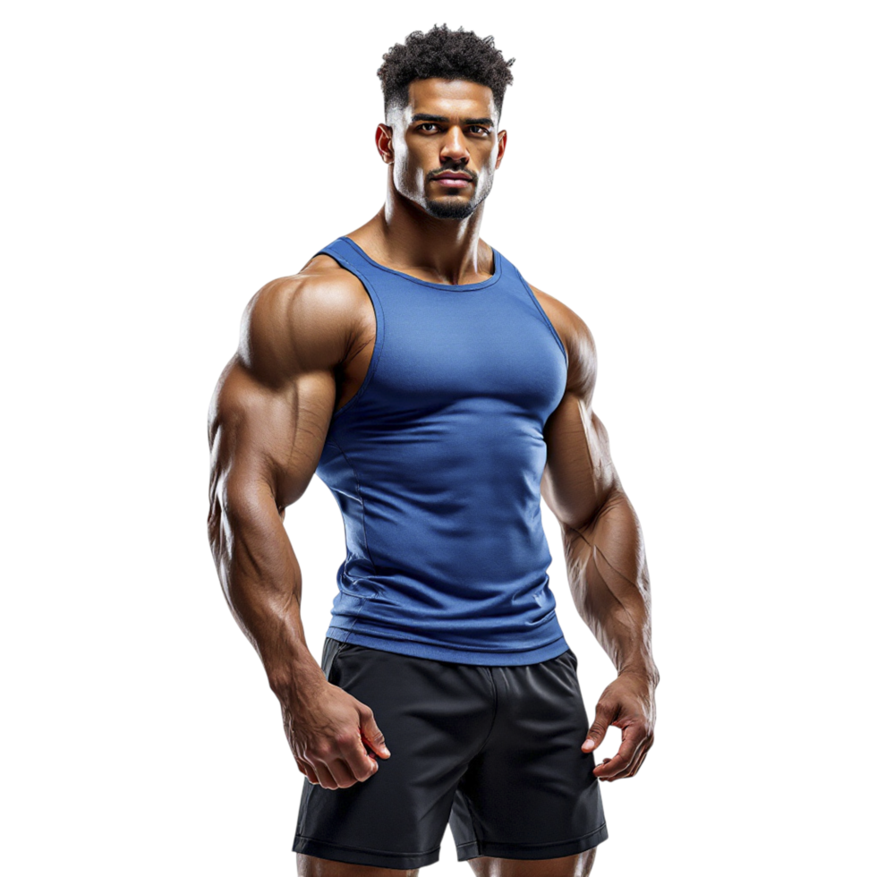 Muscular man in blue tank top and shorts png