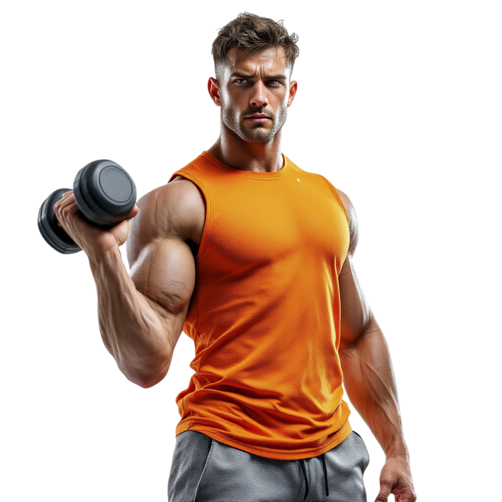 A man in an orange shirt is holding two dumbbells png
