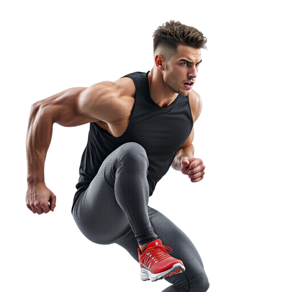 A man in a black tank top and red shoes is jumping png