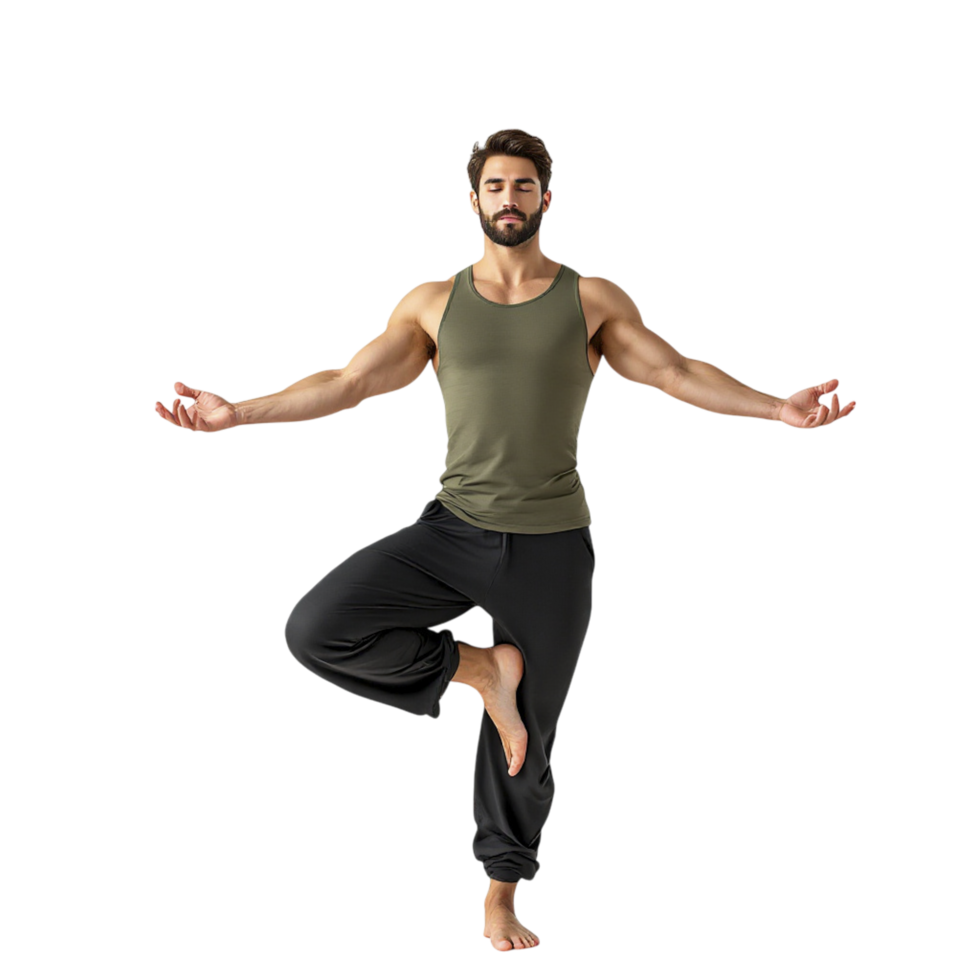 A man in a green tank top and black pants is doing yoga png