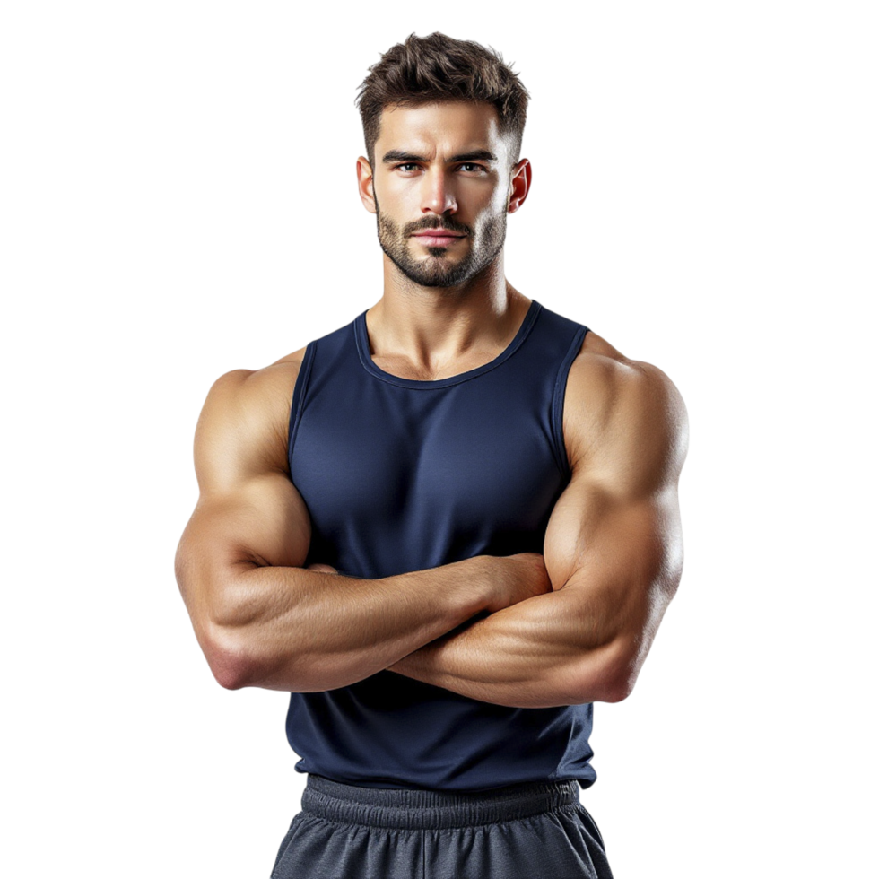 A man in a tank top standing with his arms crossed png