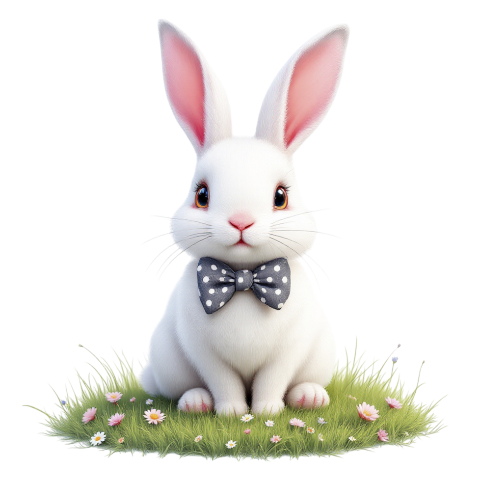 A white rabbit with a bow tie sitting in the grass png