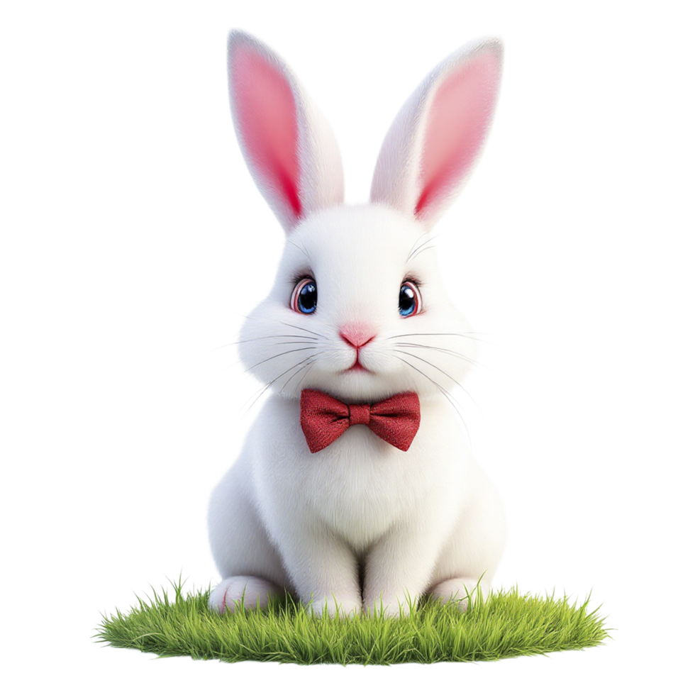 A white rabbit with a red bow tie sitting on grass png