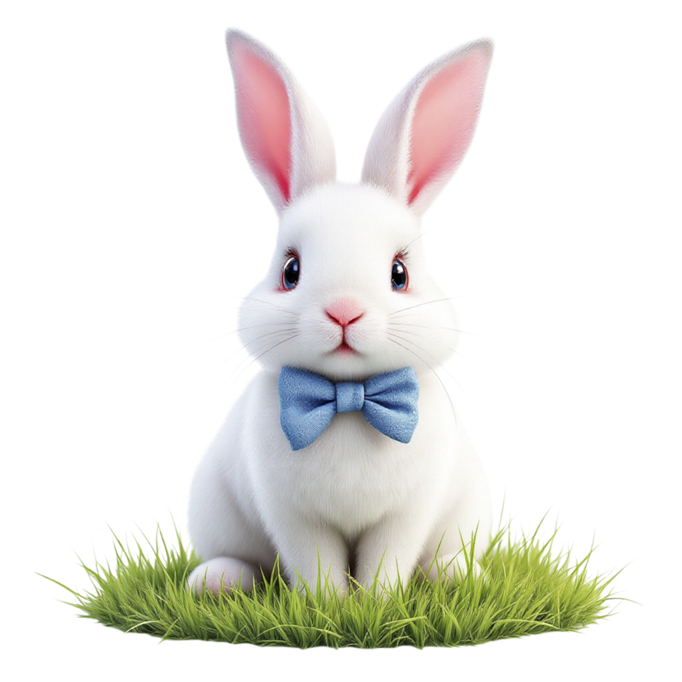 A white rabbit with a blue bow tie sitting in the grass png