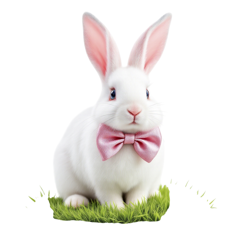 A white rabbit with a pink bow tie sitting in the grass png