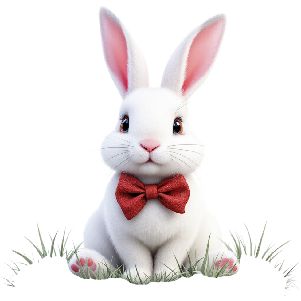 A white rabbit with a red bow tie sitting in the grass png