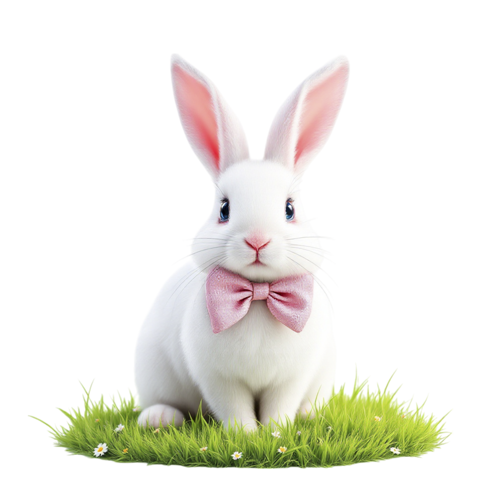 White rabbit with pink bow tie sitting in grass png