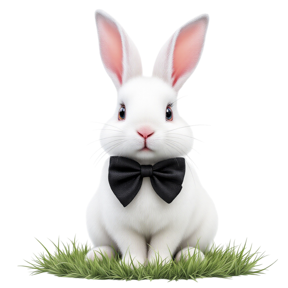 A white rabbit with a black bow tie sitting in the grass png
