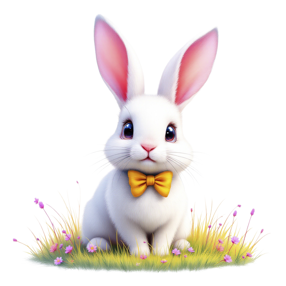 A white rabbit with a yellow bow tie sitting in the grass png