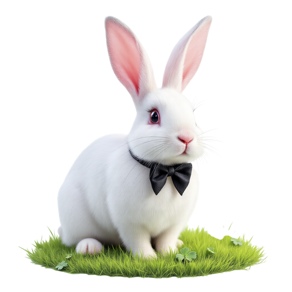 White rabbit with bow tie sitting on grass png