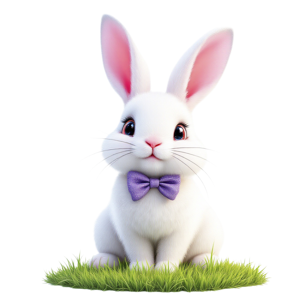 A white rabbit with a purple bow tie sitting on grass png