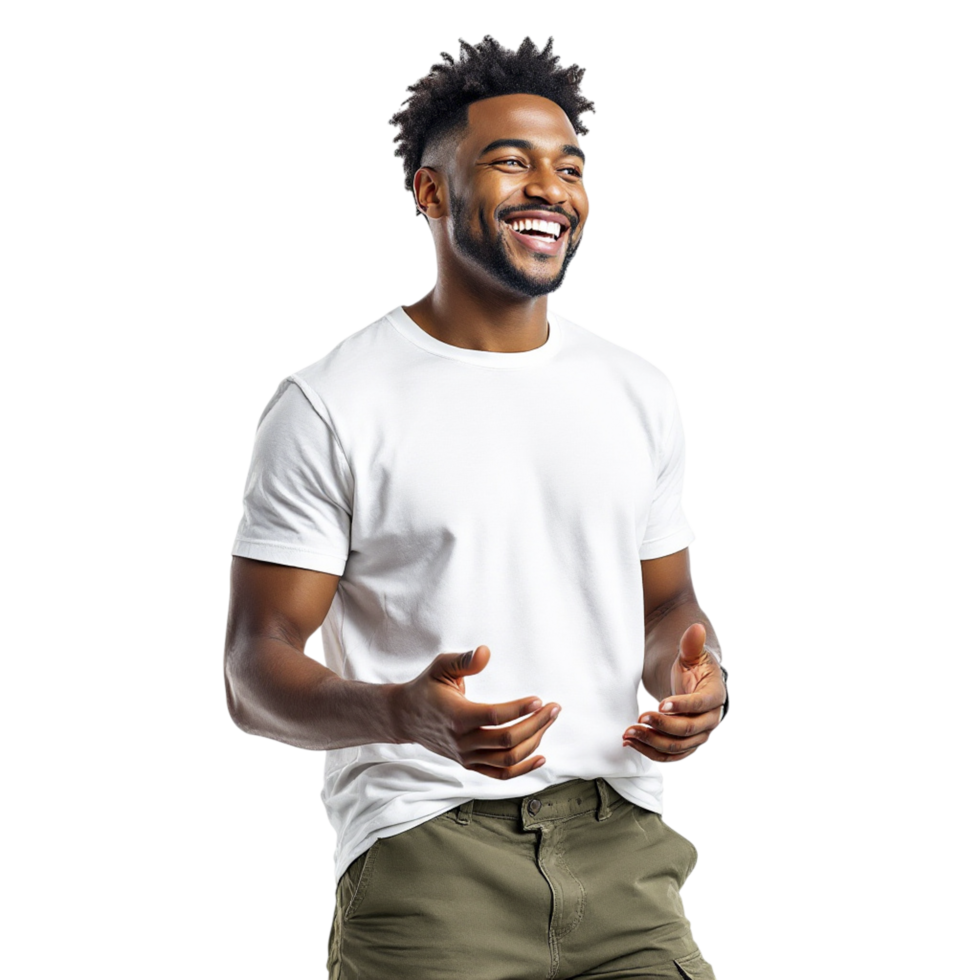 A man in a white t - shirt and khaki pants is laughing png