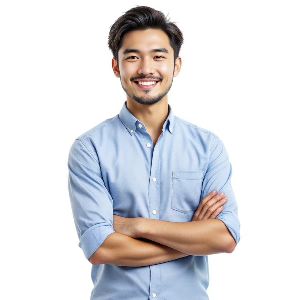 Asian man in blue shirt standing with arms crossed png