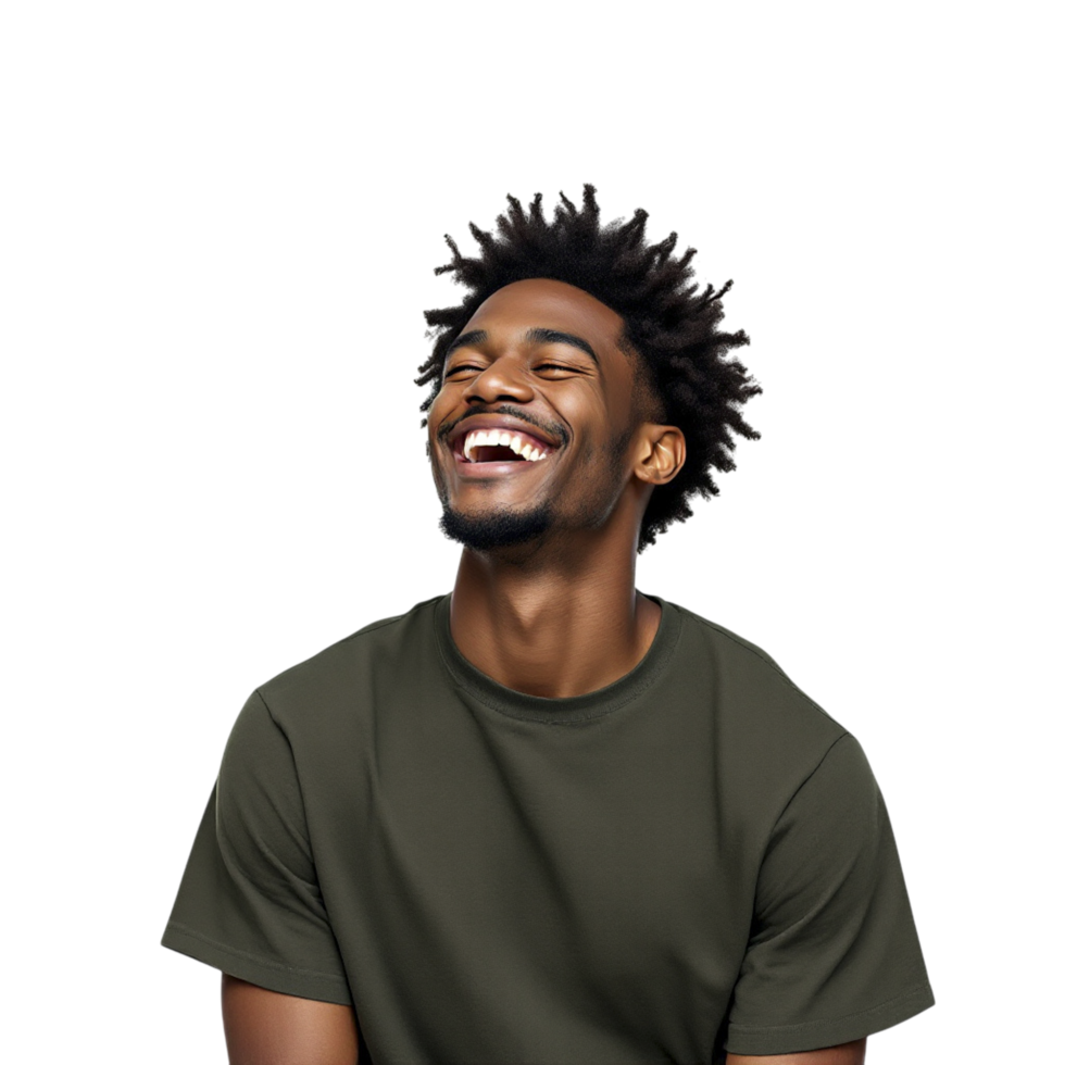 A man laughing while wearing a green t - shirt png