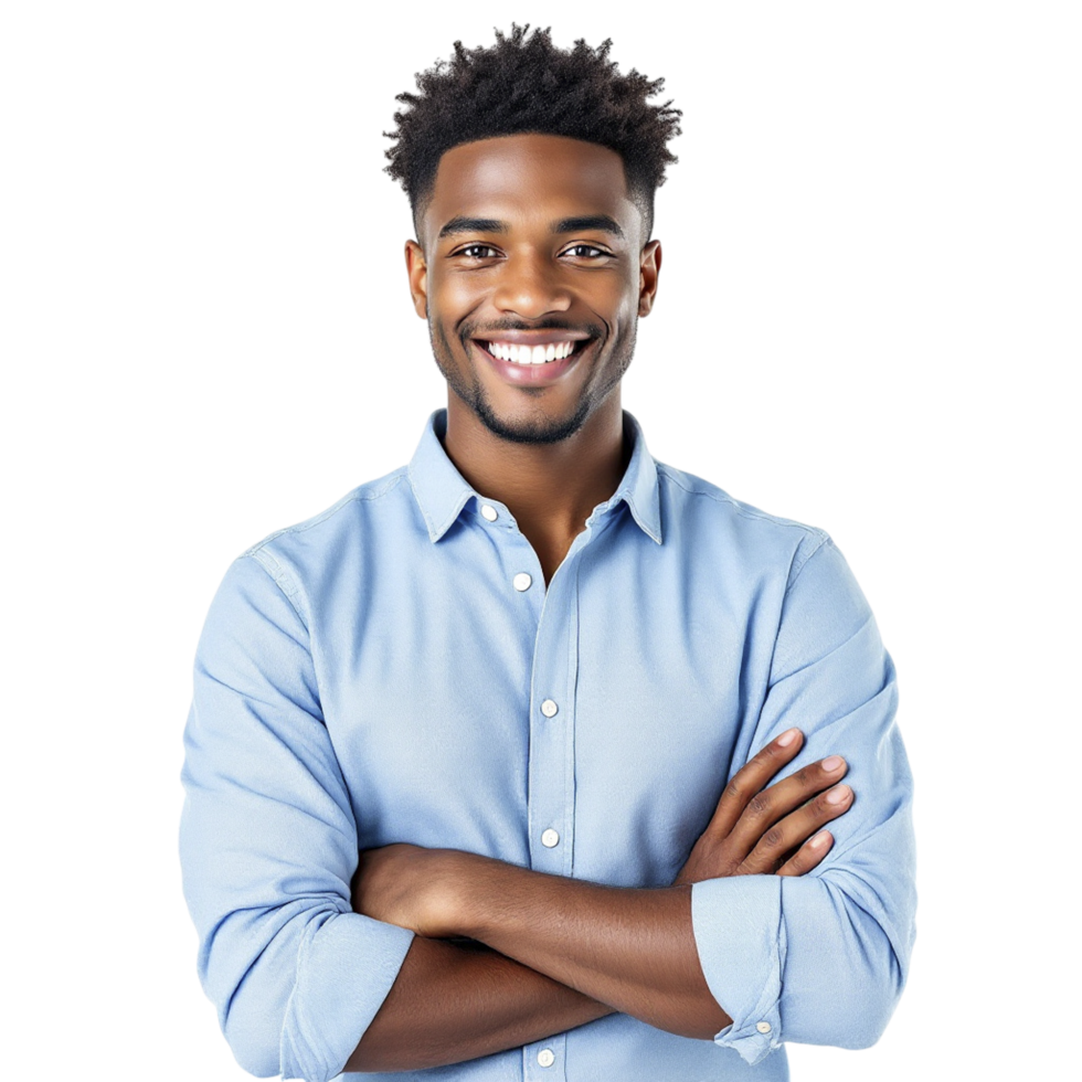 A smiling young man in a blue shirt png