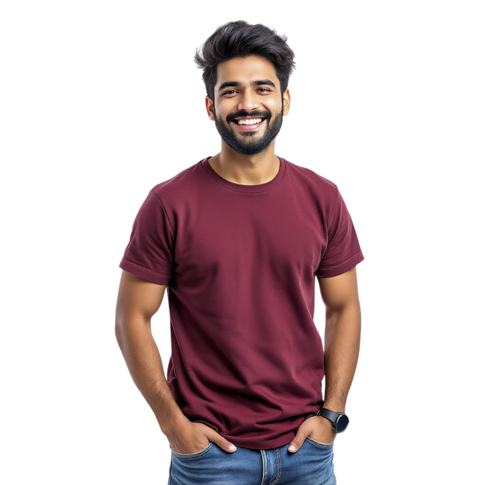 A man in a maroon t - shirt smiling png