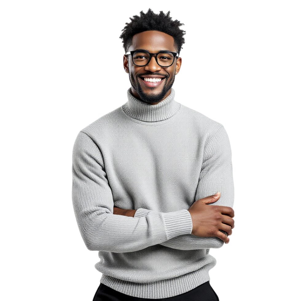 A smiling black man in a sweater and glasses png