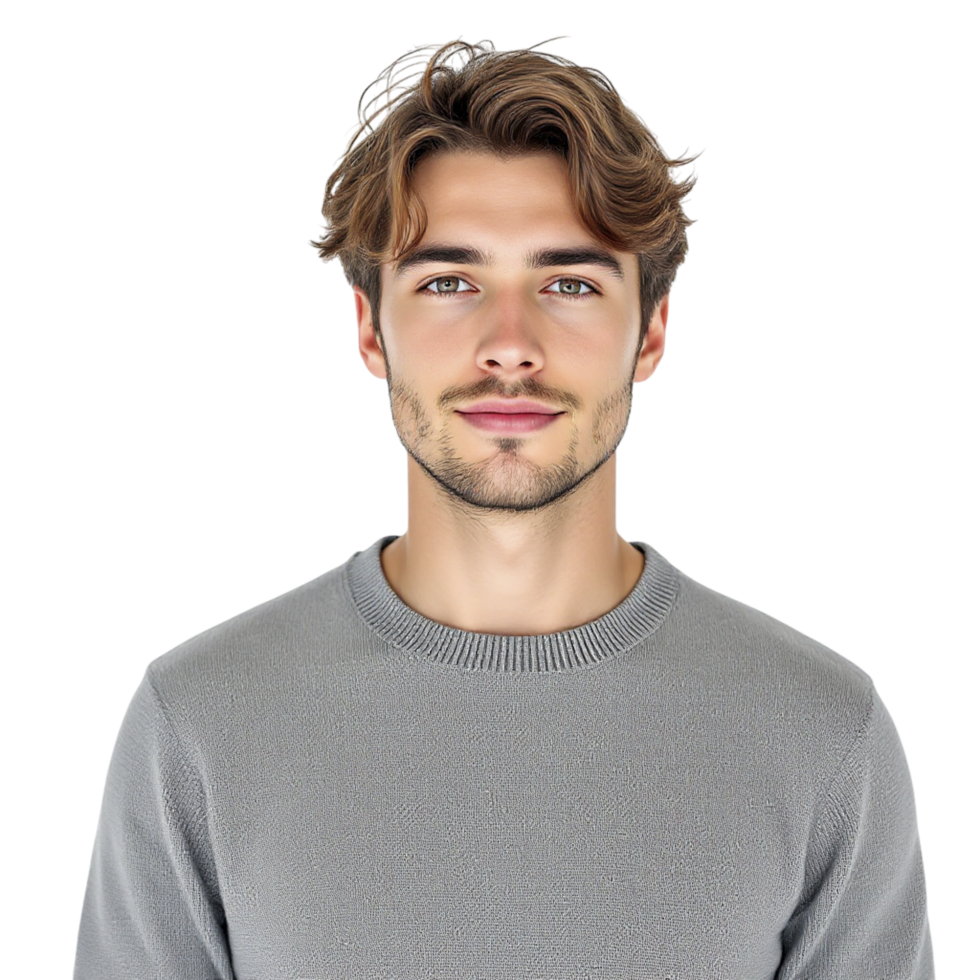 A man in a grey sweater looking at the camera png