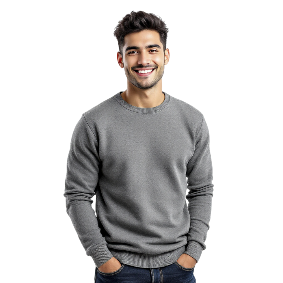 A man in a grey sweatshirt smiling png