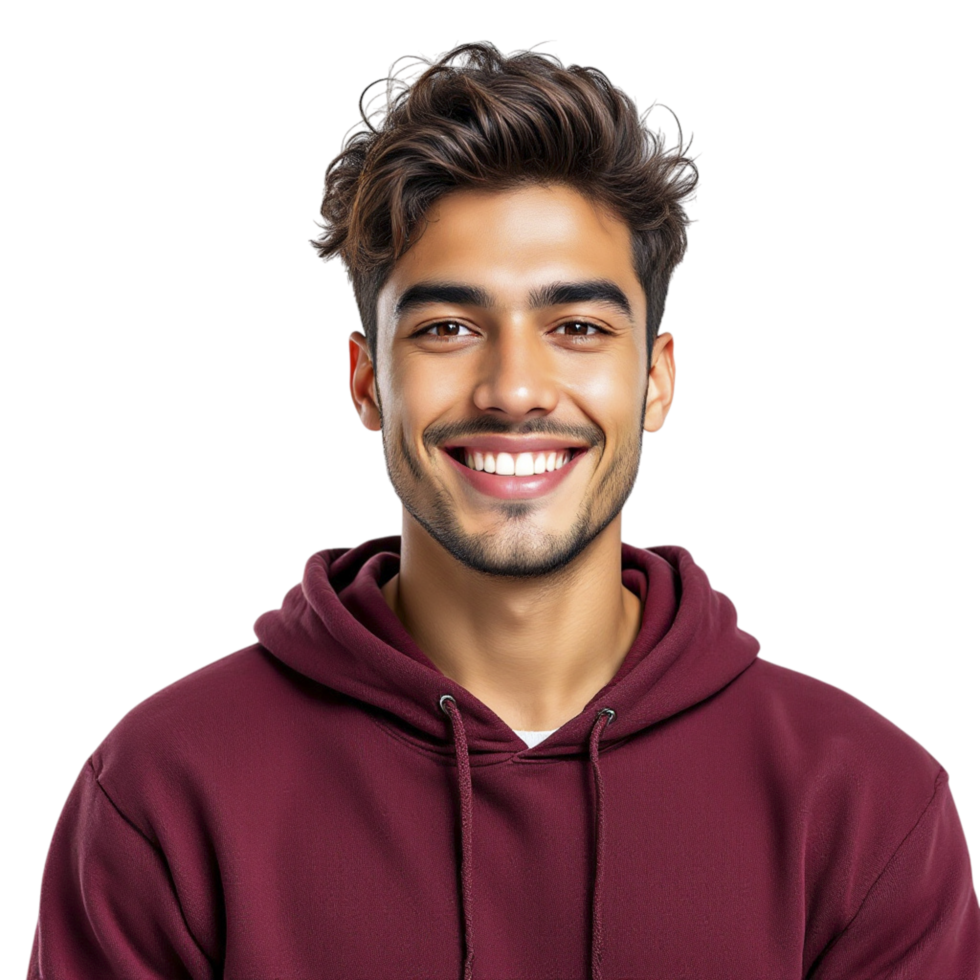 A man in a maroon hoodie smiling png