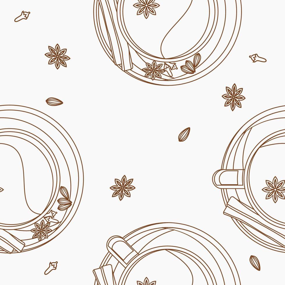 Editable Outline Style Top View Indian Masala Chai with Assorted Herb Spices Vectorized Illustration Seamless Pattern for Creating Background of Beverages With South Asian Culture and Tradition vector