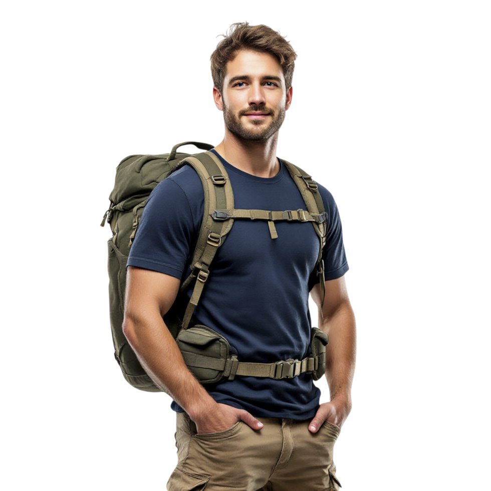 Man with backpack standing in front of black background png
