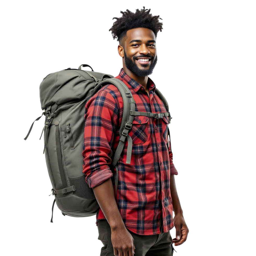 A man with a backpack standing with his arms out png