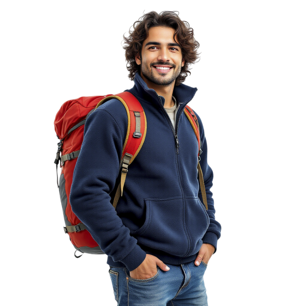 A man with a backpack standing with his hands on his hips png