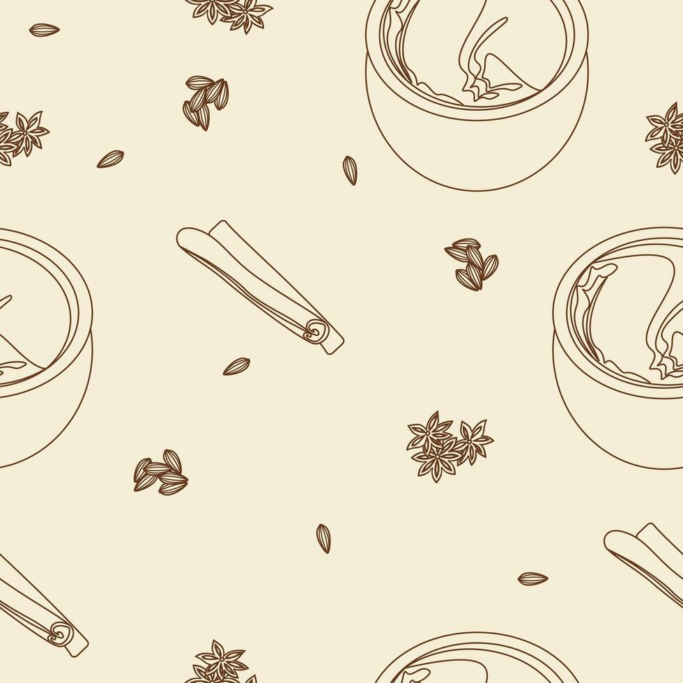 Editable Outline Style Vectorized Illustration Seamless Pattern of Indian Masala Chai in Pottery Cup with Assorted Herb Spices for Creating Background of South Asian Culture and Tradition Beverages vector