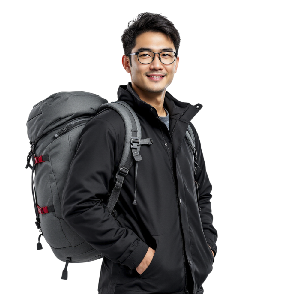 A man with glasses and a backpack png
