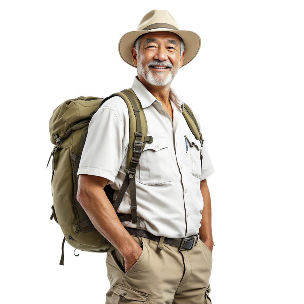 An older man with a backpack standing with his hands on his hips png