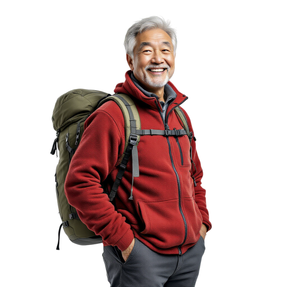 An older man with a backpack standing in front of a black background png