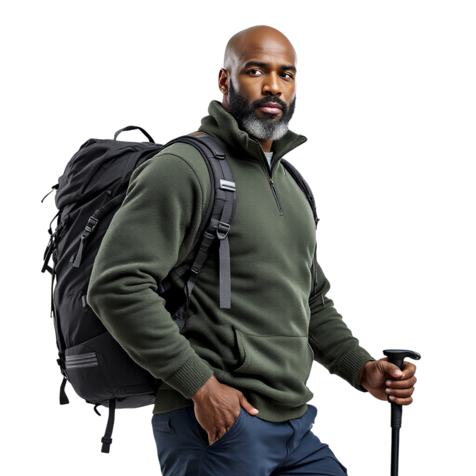 A man with a beard and backpack standing in front of a black background png